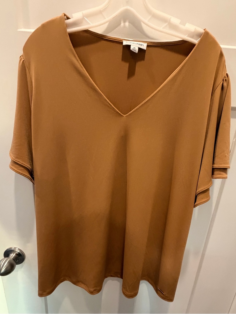 Calvin Klein Plus Size 2X Camel V Neck Blouse Stretch Knit Top